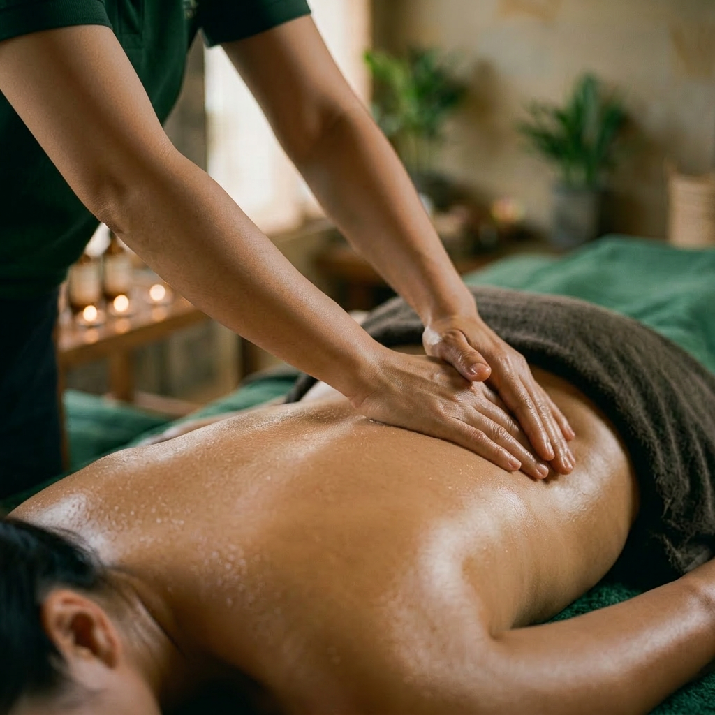 Therapist giving a back massage to a client lying face down on a massage table